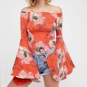 Free People - Birds Of Paradise Boho Floral Off Shoulder Bell Sleeves Top Small